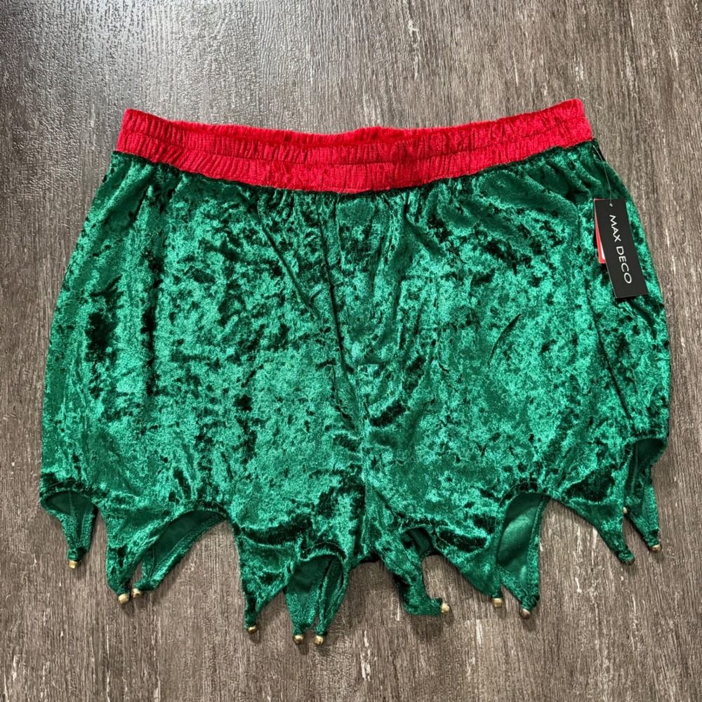 Max Deco Elf Shorts Mens Large Green Red Velvet Jester Holiday Costume Bells NWT